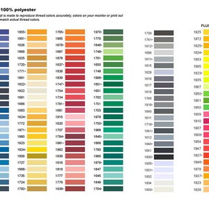Pode incluir: Uma carta de cores de fio 100% poli&eacute;ster com uma variedade de cores, incluindo azuis, verdes, vermelhos, laranjas, amarelos e cinzas. A carta &eacute; etiquetada como "POLYNEON 100% poli&eacute;ster" e inclui n&uacute;meros de fio.