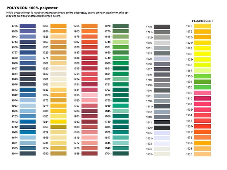 Pode incluir: Uma carta de cores de fio 100% poli&eacute;ster com uma variedade de cores, incluindo azuis, verdes, vermelhos, laranjas, amarelos e cinzas. A carta &eacute; etiquetada como "POLYNEON 100% poli&eacute;ster" e inclui n&uacute;meros de fio.