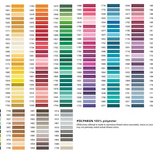 May include: A colour chart displaying 100% polyester thread colours. The chart is arranged by colour family, with each colour shown in a small square. The colours range from blues, greens, reds, oranges, yellows, browns, and greys. The chart includes the text "POLYNEON 100% polyester" and a note that colours on a monitor or printout may not precisely match actual thread colours.