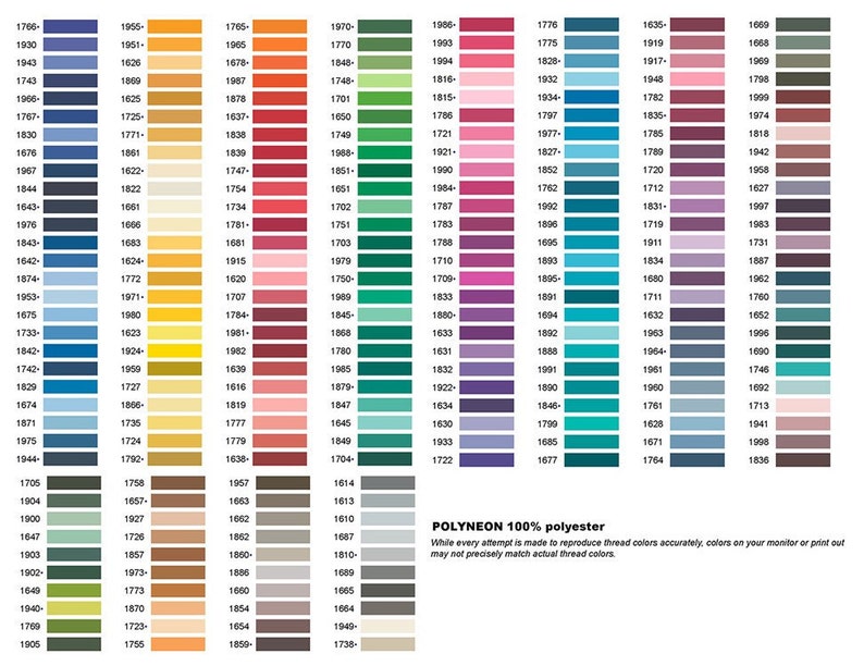 May include: A colour chart displaying 100% polyester thread colours. The chart is arranged by colour family, with each colour shown in a small square. The colours range from blues, greens, reds, oranges, yellows, browns, and greys. The chart includes the text "POLYNEON 100% polyester" and a note that colours on a monitor or printout may not precisely match actual thread colours.