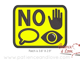 NO touch, no talk, no eye contact symbol patch, rectangular sew-on patch, 3.6x2.6 inches