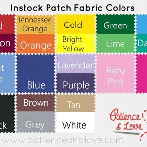 May include: A chart displaying fabric colours available for purchase. The colours are arranged in a grid with the names of each colour listed below. The colours include red, maroon, orange, Tennessee orange, gold, bright yellow, green, lime, teal, dark teal, light blue, blue, lavender, purple, baby pink, pink, brown, tan, black, grey, and white.