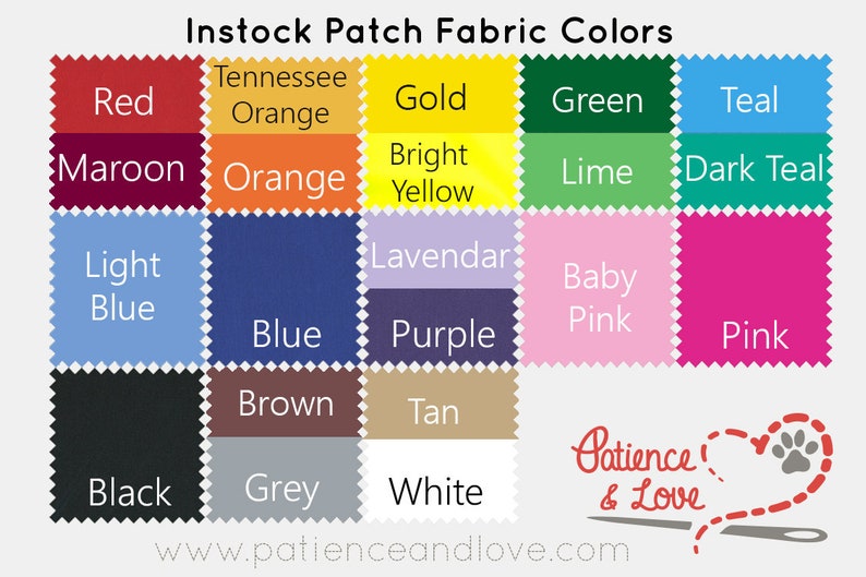 May include: A chart displaying fabric colours available for purchase. The colours are arranged in a grid with the names of each colour listed below. The colours include red, maroon, orange, Tennessee orange, gold, bright yellow, green, lime, teal, dark teal, light blue, blue, lavender, purple, baby pink, pink, brown, tan, black, grey, and white.