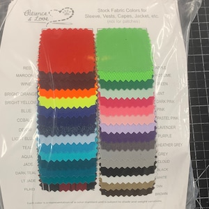May include: A fabric color chart with swatches of different colors, including red, maroon, wine, bright orange, bright yellow, blue, cobalt, denim, light blue, teal, aqua, jade, dark teal, light jade, plaid, apple, hot lime, green, mint, dark pink, pink, pastel pink, lavender, purple, heather grey, grey, cloud, black, white, tan, and brown. The chart is labeled "Stock Fabric Colors for Sleeve, Vests, Capes, Jacket, etc. (not for patches)".