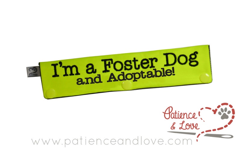 May include: A bright yellow dog collar with black embroidered text that reads "I'm a Foster Dog and Adoptable!" The collar has two yellow snap closures.