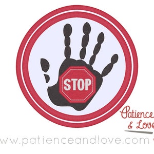 Patch, 4&quot; diameter, Sew-on, hand with stop sign, symbol patch, Custom embroidered SD patch, hand with stop sign in palm