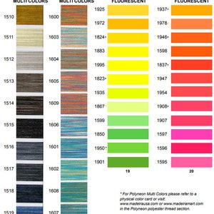 Op de afbeelding: Een kleurenkaart met garenstalen in verschillende kleuren, waaronder bruin, beige, grijs, zwart, blauw, groen, geel, oranje, rood en roze. De kaart is verdeeld in drie secties: Multi Colors, Fluorescent en Fluorescent. Elke sectie bevat een aantal garenstalen, met het bijbehorende kleurnummer naast elk staal.