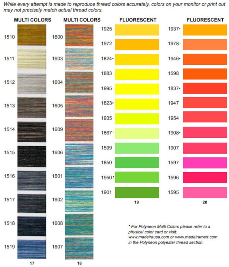 Op de afbeelding: Een kleurenkaart met garenstalen in verschillende kleuren, waaronder bruin, beige, grijs, zwart, blauw, groen, geel, oranje, rood en roze. De kaart is verdeeld in drie secties: Multi Colors, Fluorescent en Fluorescent. Elke sectie bevat een aantal garenstalen, met het bijbehorende kleurnummer naast elk staal.