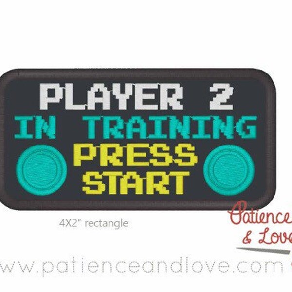 1 Patch, Sew-on, 4 by 2 inch rectangle, Player 2, in training, press start, game customizable patch