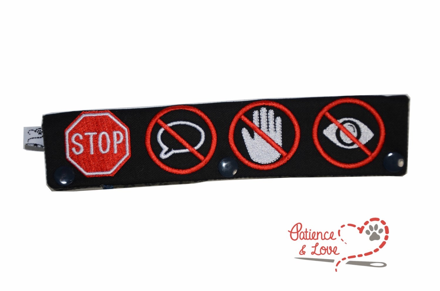 1 Sleeve with 4 embroidered symbols on each side, stop - no talk - no touch - no eye contact, Snap-On, both sides are the same