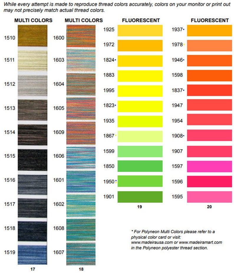 以下が含まれることがあります： 刺繍糸の色見本帳で、19行の色見本があります。チャートは、マルチカラー、蛍光、蛍光という3つのセクションに分かれています。各セクションは異なる色の配色になっています。チャートには、各見本の色の番号が記載されています。