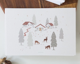 Houses in the woods print, Christmas night card