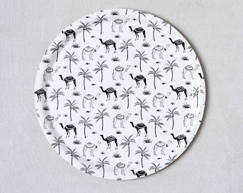 Palm trees and camels round tray white, round serving plate