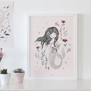 Mermaid nursery print, mermaid with flowers image 1