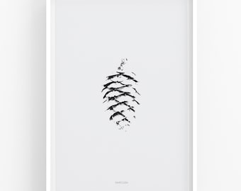 Minimalist pine cone print, botanical print black and white