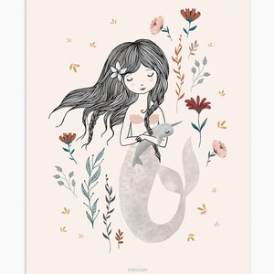 Mermaid nursery print, mermaid with flowers image 2