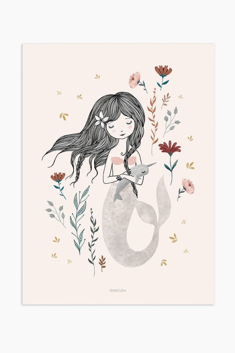 Mermaid nursery print, mermaid with flowers image 2