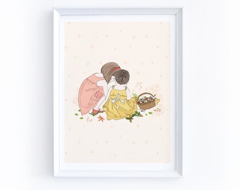 Two sisters wall art, sisters print for pink nursery