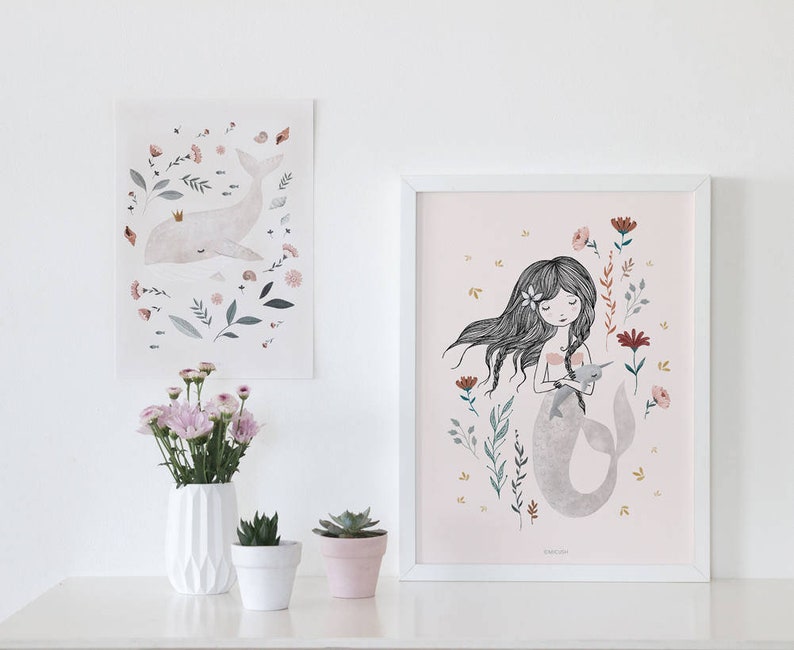 Mermaid nursery print, mermaid with flowers image 1