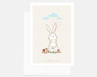 Cute bunny greeting card, Rain of hearts, Love Card, Valentine's Day card