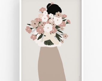 Flower Lady - Front Bouquet - Art Print, women holding flowers, Botanical Woman, Crazy Plant Lady