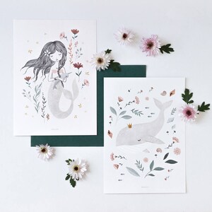 Mermaid nursery print, mermaid with flowers image 4