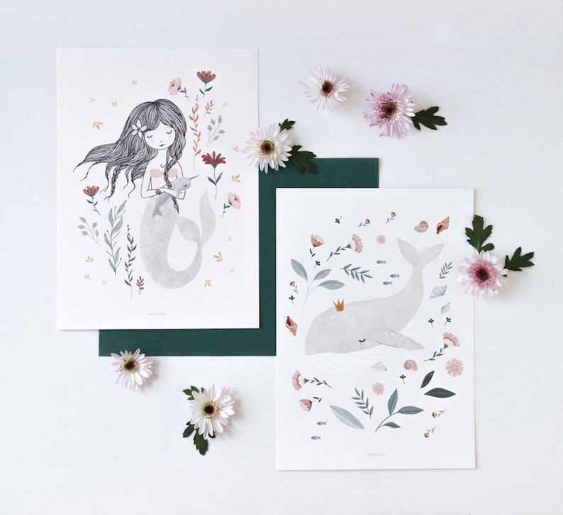 Mermaid nursery print, mermaid with flowers image 4