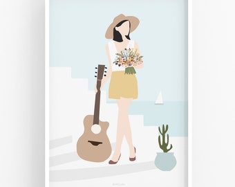 Modern women print, musician prints guitar player gift