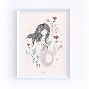 Mermaid nursery print, mermaid with flowers image 3