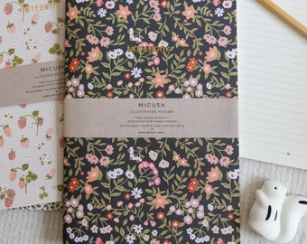 Stitched Notebook - Colorful flowers dark notebook, Notebook, Line pages notebook, Illustrated notebook, Floral notebook
