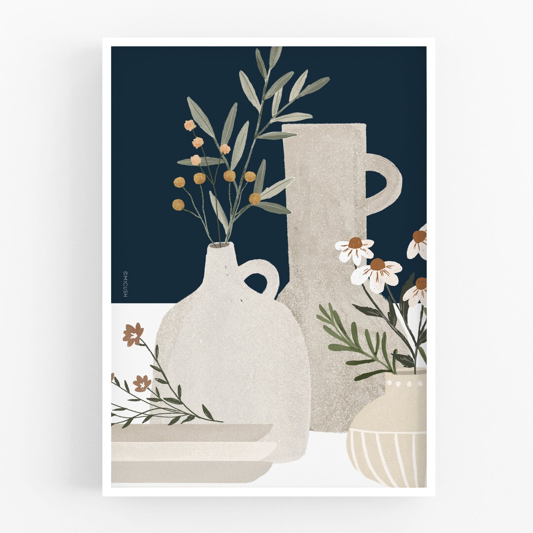 Pottery and Flowers Print Dark Blue Wall Decor Modern Etsy