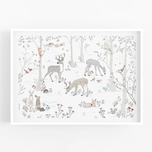 Deer nursery illustration print, winter forest print, deer nursery print, winter woodland wall art print, deer drawing, deer wall art print image 2