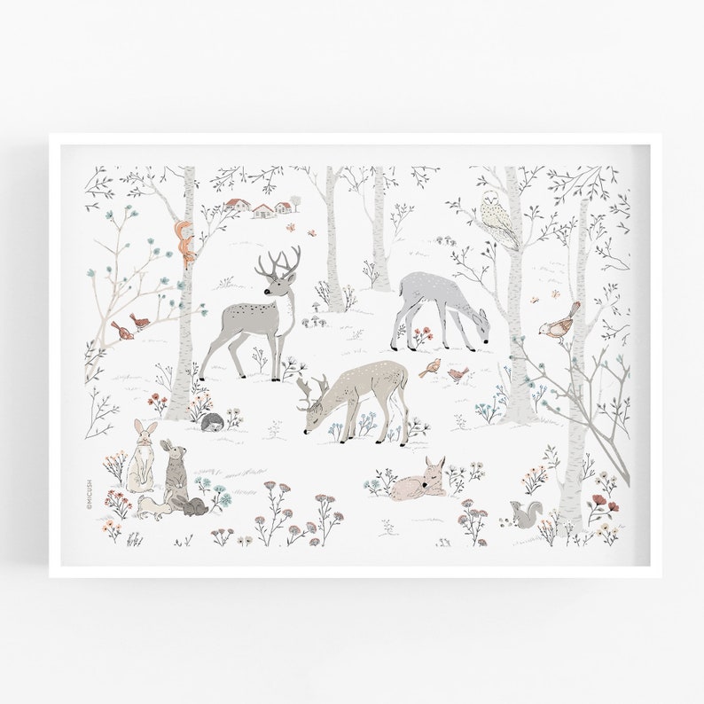 Deer nursery illustration print, winter forest print, deer nursery print, winter woodland wall art print, deer drawing, deer wall art print image 2