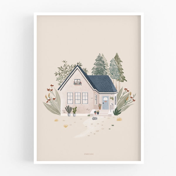 Impression aquarelle maison, nouveau cadeau de pendaison de crémaillère