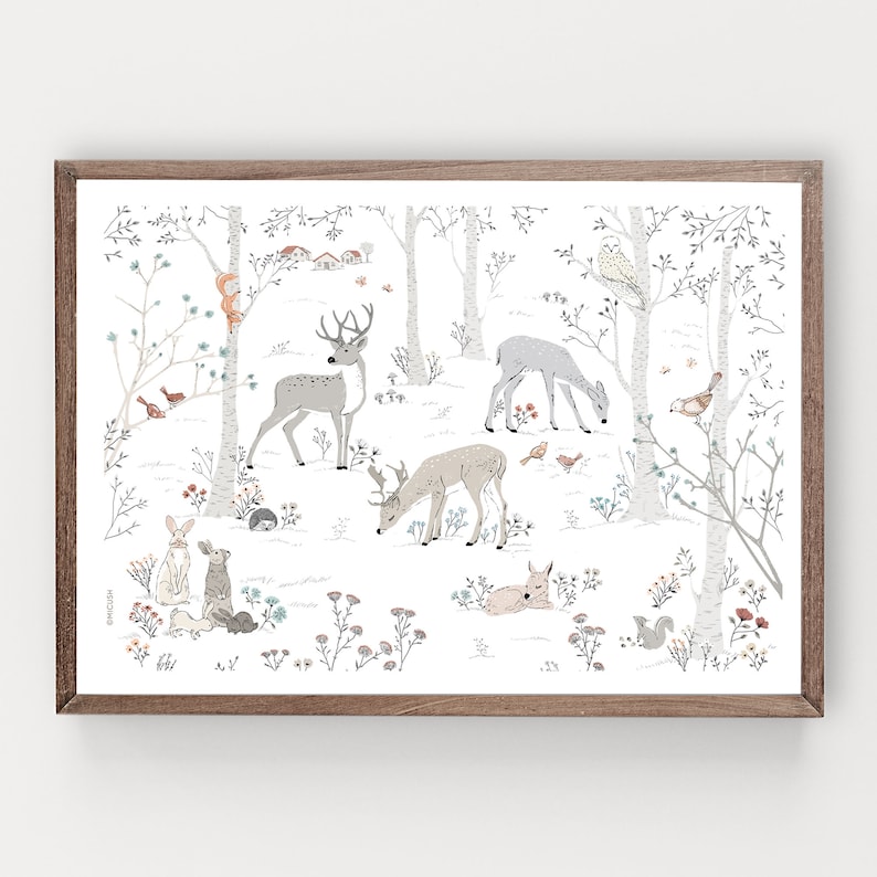 Deer nursery illustration print, winter forest print, deer nursery print, winter woodland wall art print, deer drawing, deer wall art print image 1