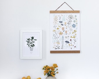 Botanical Print Set, Flower and Plant Set, Meadow Flower and Ficus Elastica, Boho Print Set, Set of 2 - a1