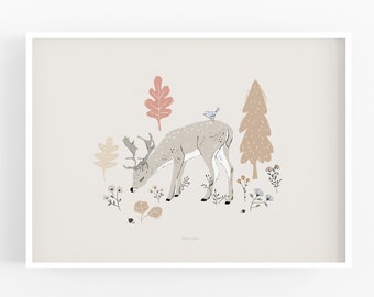Deer art print, woodland friends nursery print