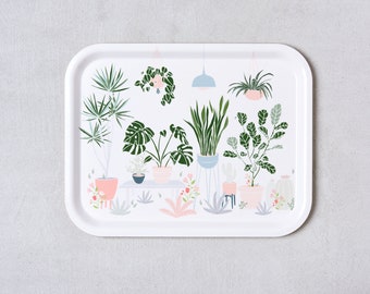 Urban Garden Illustration tray, Modern serving tray, Birch Tray, Leaves Tray, Wooden tray, House plant printed tray