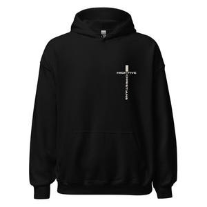 May include: A black hooded sweatshirt featuring a white graphic on the upper left chest. The graphic displays the text HIGH FIVE arranged horizontally and CHRISTIANS arranged vertically, forming a cross shape design on the fabric.