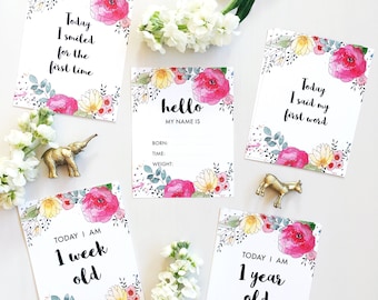 Baby Milestone Cards Printable Floral Watercolor Baby Shower Gift Keepsake Baby Milestones, Milestone Card Set