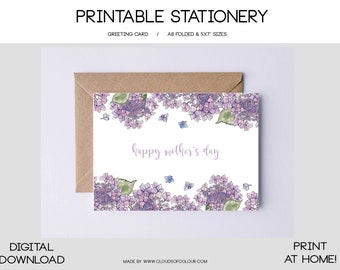 Printable Mothers day card with hydrangea watercolor flowers. Digital Download Card. Greeting card digital download