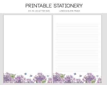 Printable stationery note paper letter writing set watercolor florals flowers A4 A5 unlined lined paper