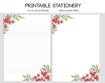 Printable stationery note paper letter writing set watercolor florals flowers A4 A5 unlined lined paper