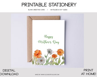 Printable Mothers day card with poppies daisies watercolor. Digital Download Card. Greeting card digital download