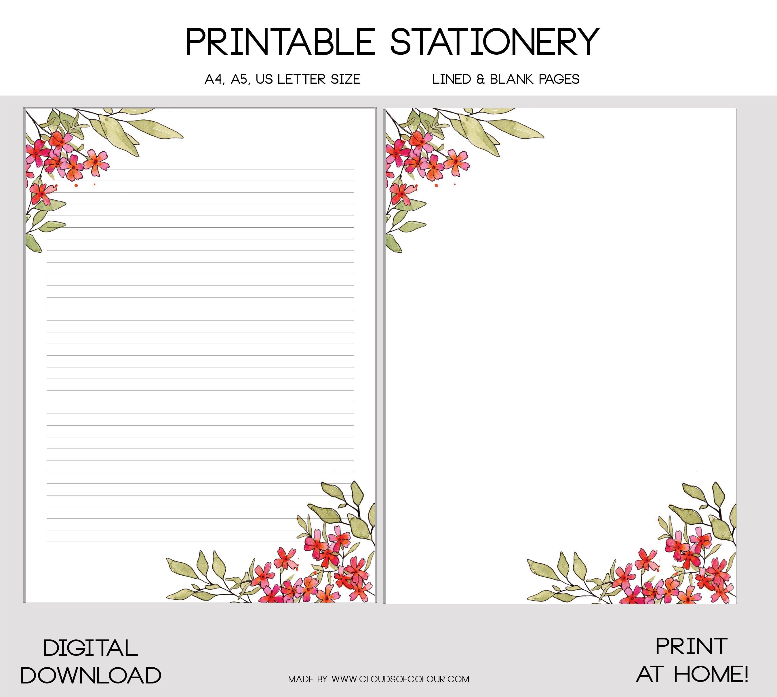 Note Paper For Letters Printable Stationery Note Paper Letter Writing Set Watercolor Florals ...