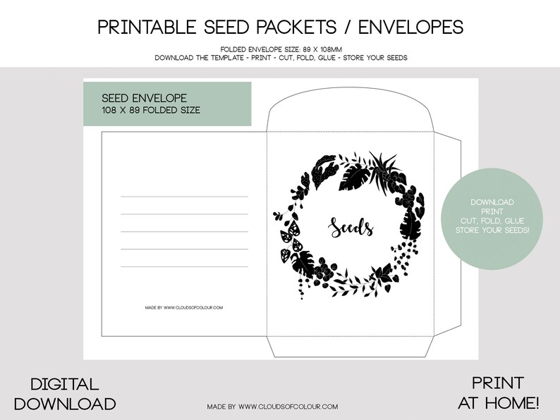 Simple Seed Saving Envelope Packet Printable Black & White Designs Gardening Herbs Vegetables Flower Seeds Digital Download image 5