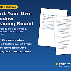 Pode incluir: Um guia digital intitulado Start Your Own Window Cleaning Round, incluindo um guia inicial para o Reino Unido, um rastreador de clientes e pagamentos e 13 modelos de texto. O documento contém seções sobre transferências bancárias e um plano de 90 dias.