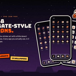 May include: A digital icon pack for iPhone and iPad featuring 338 skate-style icons, 14 wallpapers, and 3 colorways. The display shows smartphone screens with dark-themed app icons and a small orange and white UFO graphic in the corner.