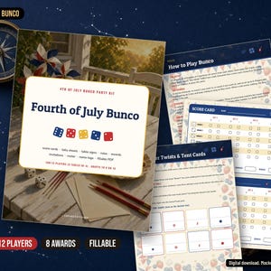 Puede incluir: Un kit de fiesta de Bunco para el 4 de julio que incluye una tarjeta de instrucciones principal con gráficos de dados rojos, blancos y azules, acompañada de tarjetas de puntuación, hojas de recuento y hojas de reglas.