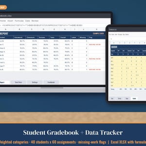 May include: A digital spreadsheet template for a student gradebook and data tracker displayed on a laptop and tablet screen. The interface shows columns for student names, assignment categories, overall grades, and missing work flags.